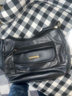 Stone & Co Black Leather Crossbody shoulder bag  with Gold-Tone Plaque